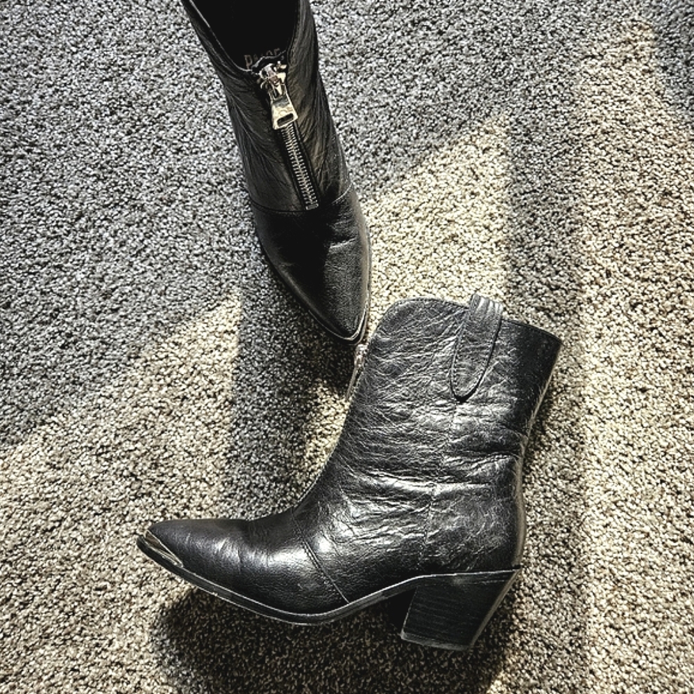 Black PAIGE Leather Western Ankle Boots - Picture 9 of 10